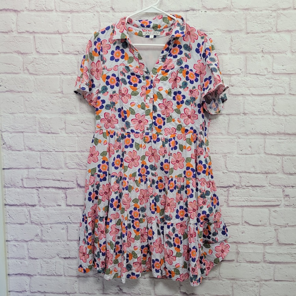 Joy Joy Floral Tiered Mini Dress Sz L Short Sleeve Boho Summer Cottagecore Ditsy